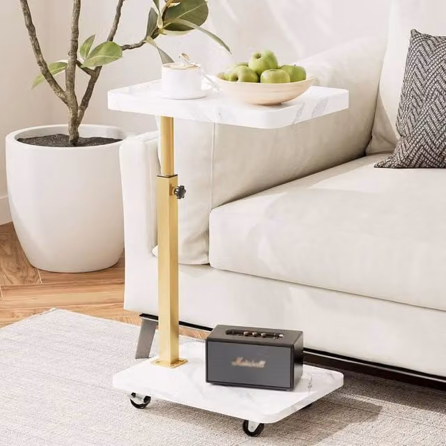 Huhote Height Adjustable C Shaped Swivel Side Table with Castors in White