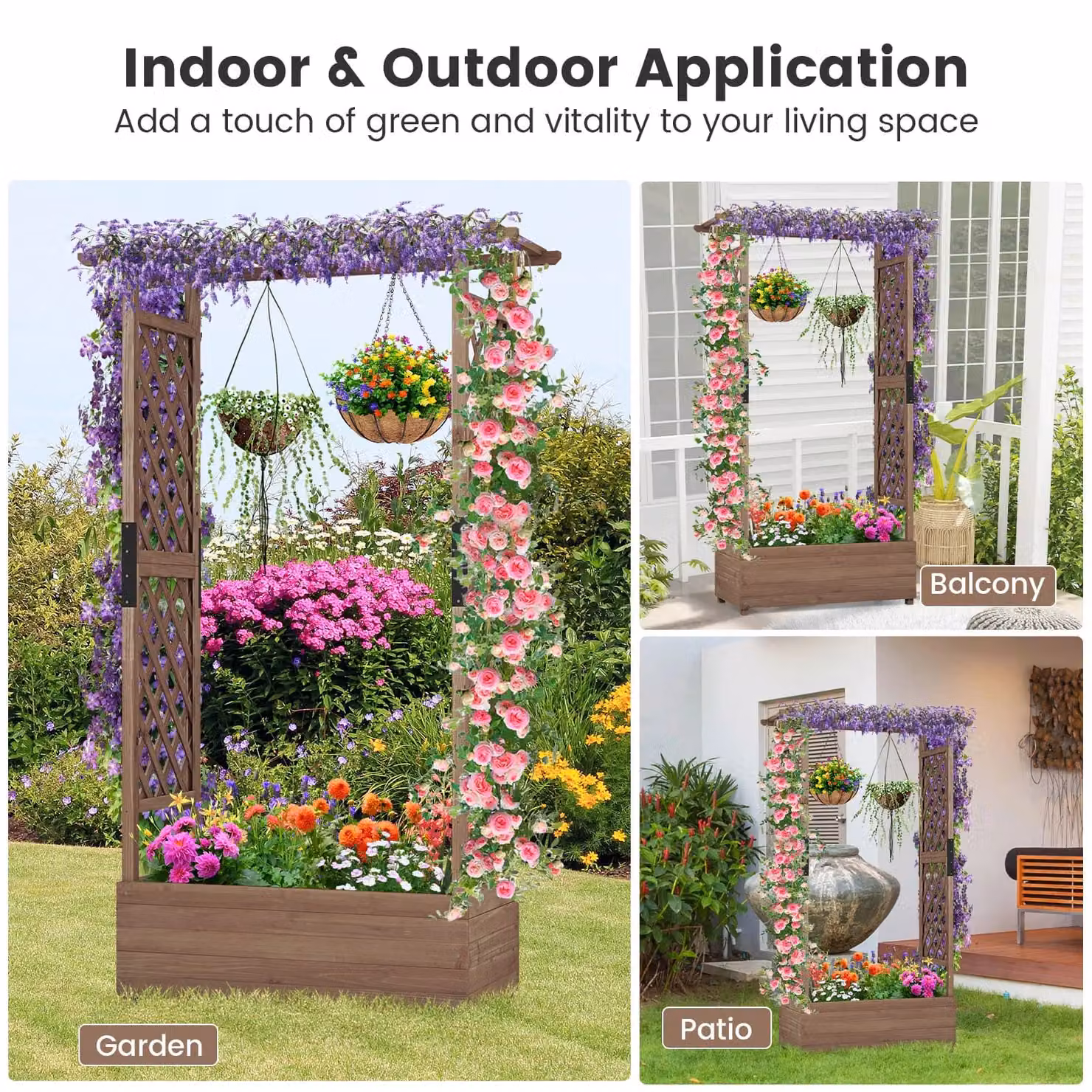 Costway Raised Garden Bed Fir Wood Planter Box with Hanging Roof, Brown, W/D/H: 180 x 110 x 44 cm – 3