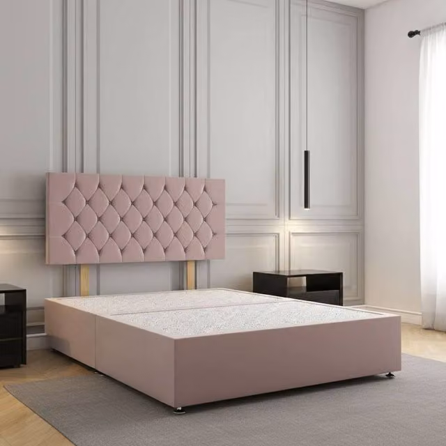 Regional Furnishings Pink Plush Velvet Upholstered Divan Bed with 24 inch Headboard, King Size, W/D/H: 180 x 200 cm