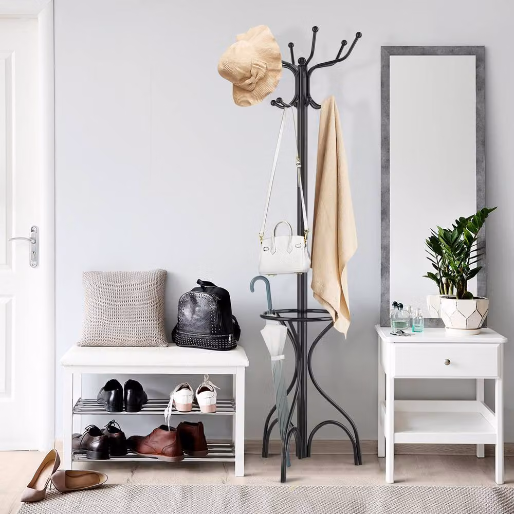 Costway Modern Metal Coat Stand Hanger with 12 Hooks and Umbrella Holder in Matt Black – 2