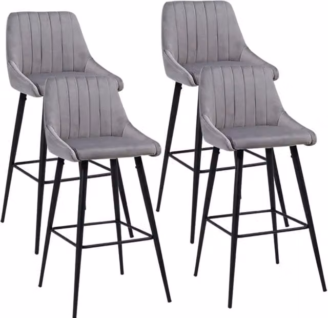 Set of 4 Novecrafto Modern Velvet Bar Stools with Metal Footrest Base in Grey and Black
