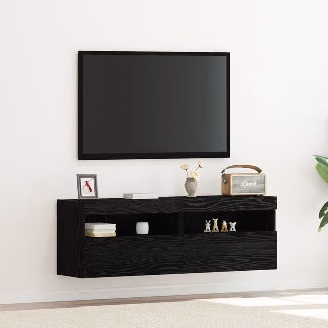 Berkfield Home Set of 2 Modern Wall Mounted TV Cabinets with Integrated LED Lighting in Black Oak, W/D/H: 60 x 40 x 40 cm – 1