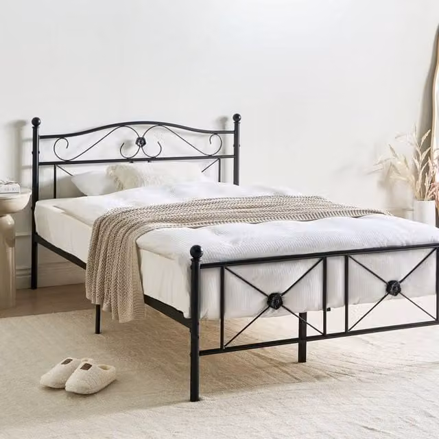 Wyld and Coco 4ft Double Metal Bed in Black with Retro Panel Design and Sprung Slatted Base W/D/H: 120 x 200 cm