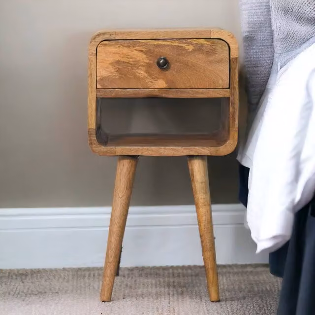 Direct Wicker Solid Wood Mango Wood Mini Curved Bedside Table in Brown with 1 Drawer and Open Slot