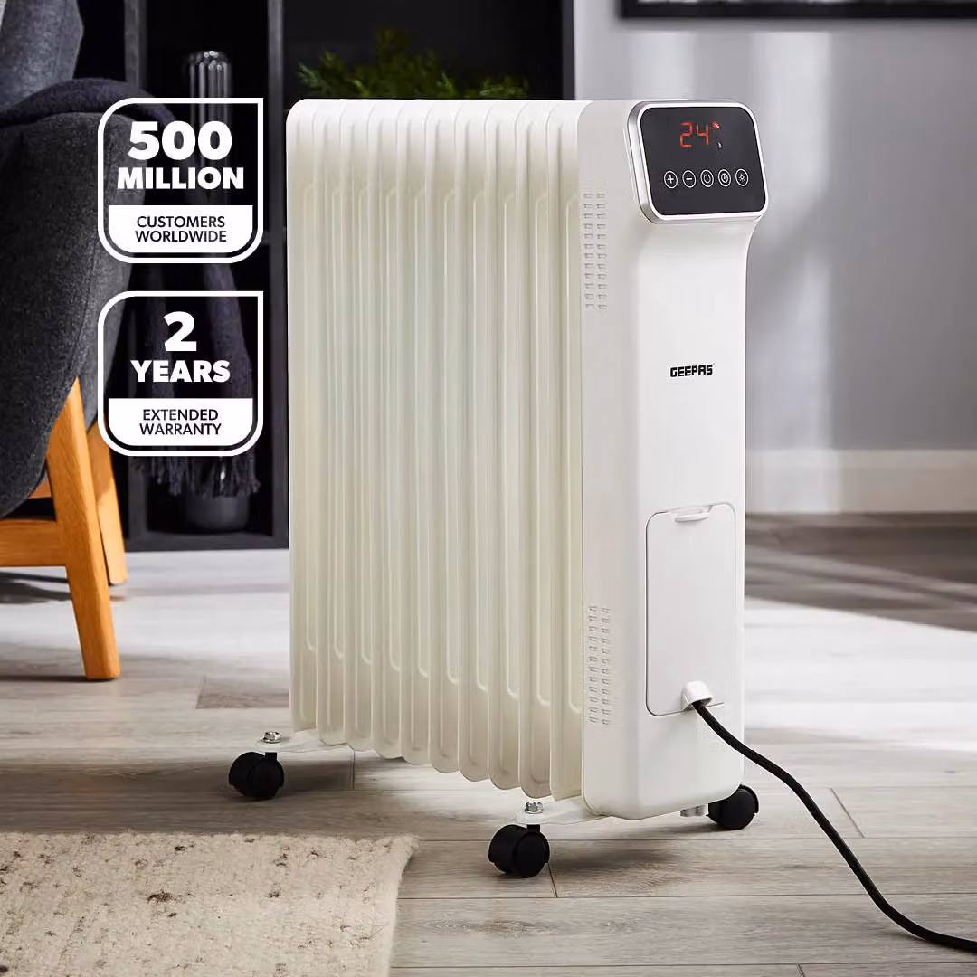 Geepas 11 Fin Digital Oil Filled Radiator Heater 2500W with Remote Control and 9Hr Timer in White – 2