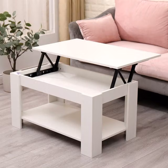 HMD White and Grey Lift-Up Top Coffee Table with Storage Shelf