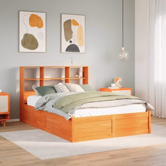 Berkfield Home Wax Brown Solid Wood Pine Bed Frame with Side Compartments W/D/H: 140 x 200 cm – 1