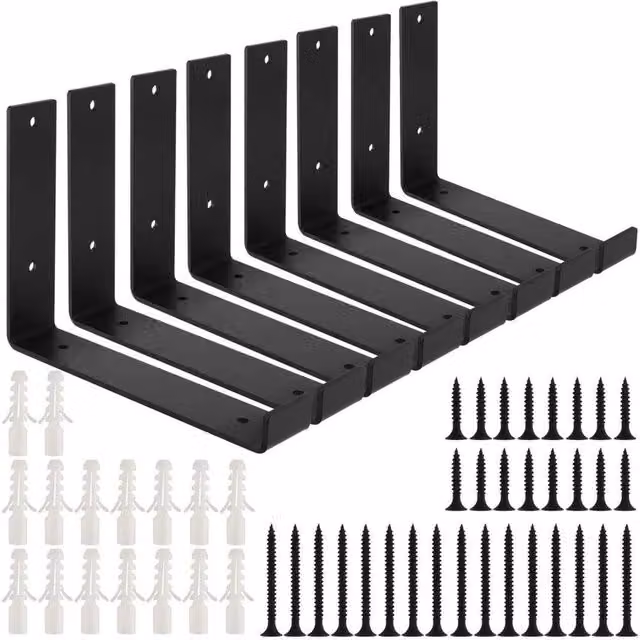 FLAVORA Heavy Duty Iron Shelf Bracket, Matt Black, 8 Pack, Width: 20 cm, Depth: 20 cm