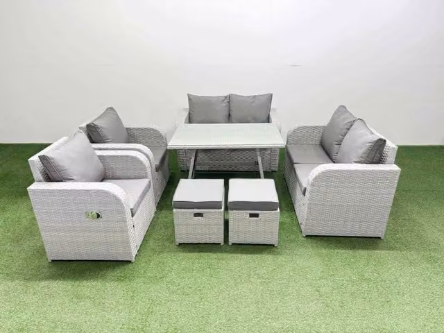 Fimous 8 Seater Rattan Garden Furniture Set with Metal and Glass in Light Grey