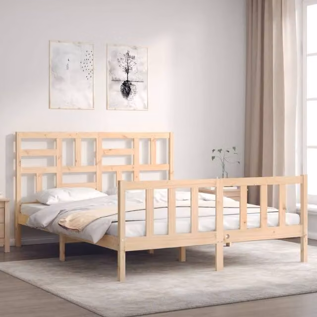 Berkfield Home Beautiful Bed Frame with Headboard in Beige Solid Pine Wood, W: 160 cm, H: 104 cm, D: 205.5 cm