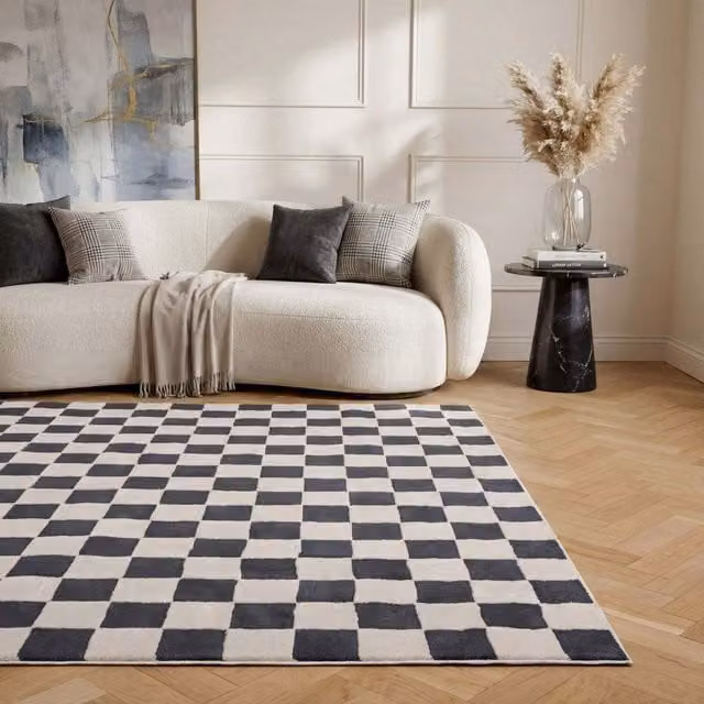 The Rugs Loft Checkerboard Design Textured Runner in Grey and Blue, W: 80 cm, L: 300 cm