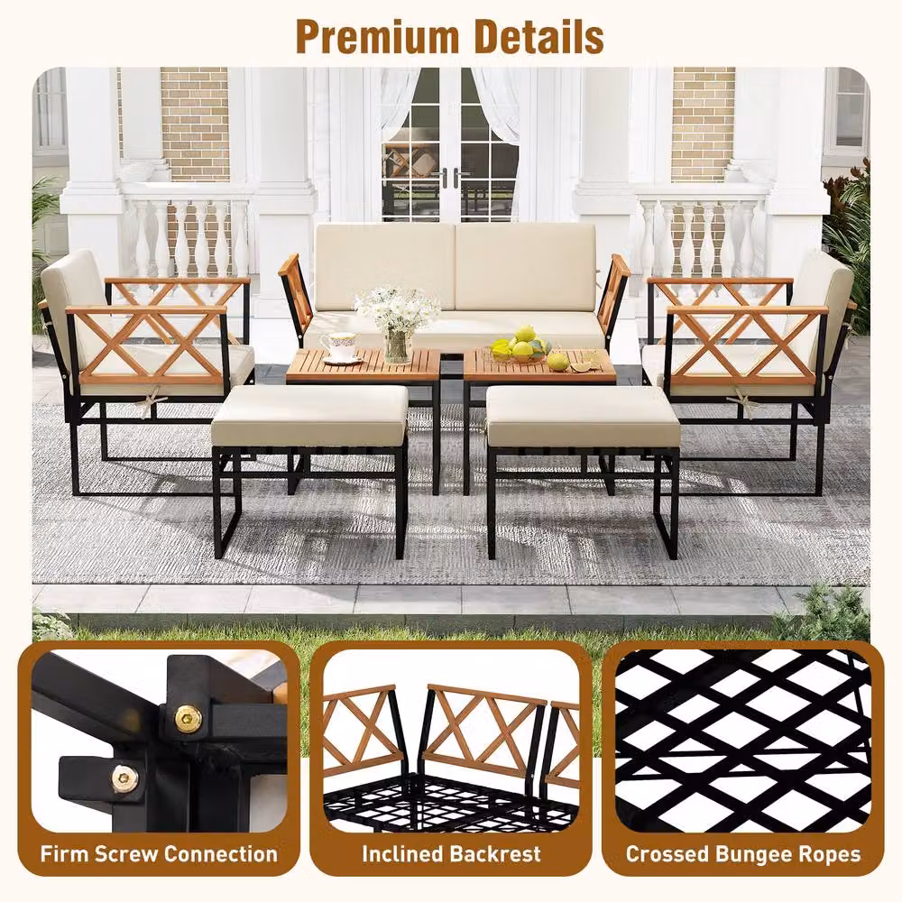 Costway 7 Piece L-Shape Outdoor Conversation Set with Metal Frame and Beige Upholstered Cushions – 4