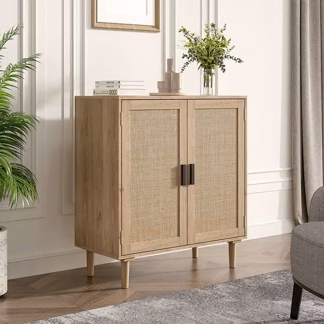 Livingandhome Scandinavian Geometric Wooden Cabinet with Rattan Doors in Brown