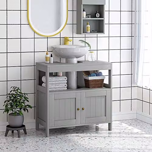 kleankin Pedestal Under Sink Bathroom Cabinet with Double Hinged Doors and Internal Shelves, Light Grey – 2