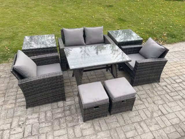 Fimous Rattan Wicker Garden Furniture Set with Rectangular Dining Table, 2 Seater Sofa and Armchairs in Dark Grey