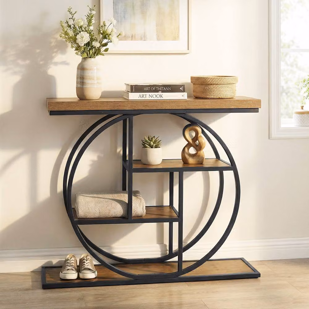 Costway 4-Tier Geometric Console Table with Storage Shelves in Brown – 5