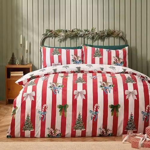 Catherine Lansfield Christmas Stripe Reversible Duvet Cover and Pillowcase Set in Red and White, W/D/H: 180 x 200 cm – 1