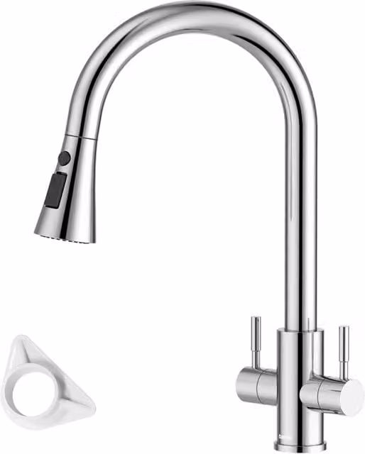 Dayone Sleek Dual Lever Kitchen Tap in Silver Stainless Steel with Pull Out Spray Spout and 360 Degree Swivel – 1