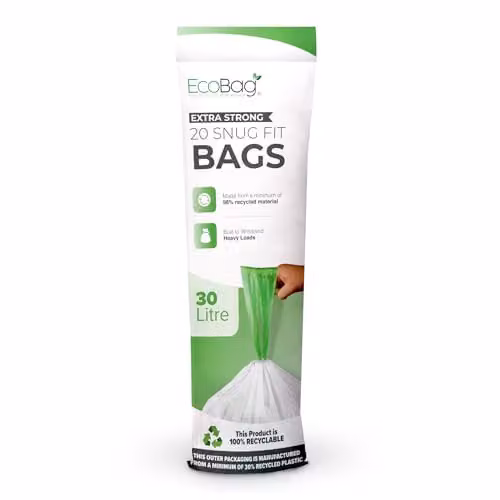 EcoBag Heavy Duty Kitchen Drawstring Bin Liners, 30L, Transparent and White, Pack of 20