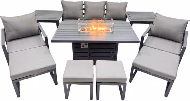 Fimous 9 Seat Aluminium Gas Fire Pit Table Set in Dark Grey with Upholstered Outdoor Sofa, Coffee Table, Ottoman and Side Trays – 1