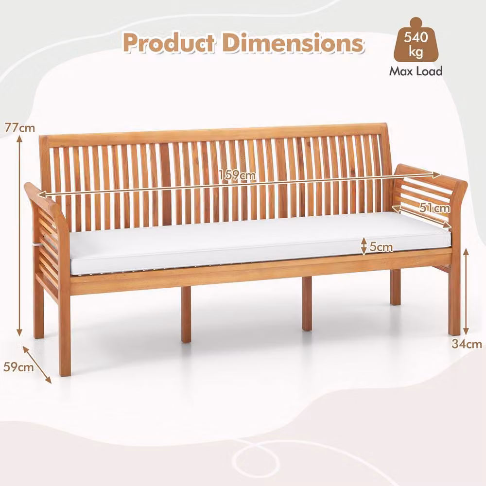 Costway 3-Person Acacia Wood Garden Bench with Armrests and White Polyester Seat Cushions, 159 cm Wide – 2