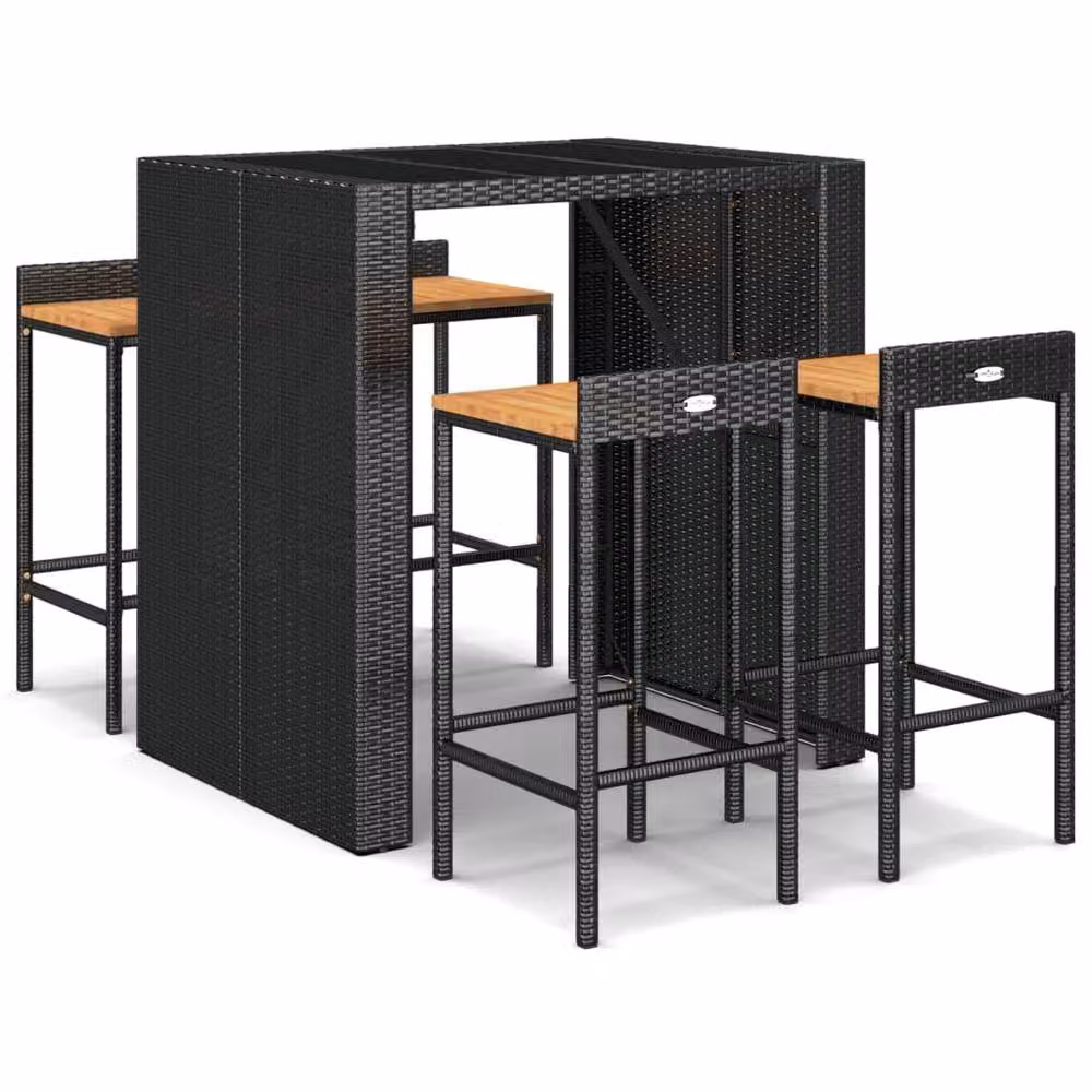 Berkfield Home 5 Piece Garden Bar Set in Black Poly Rattan and Solid Acacia Wood – 2