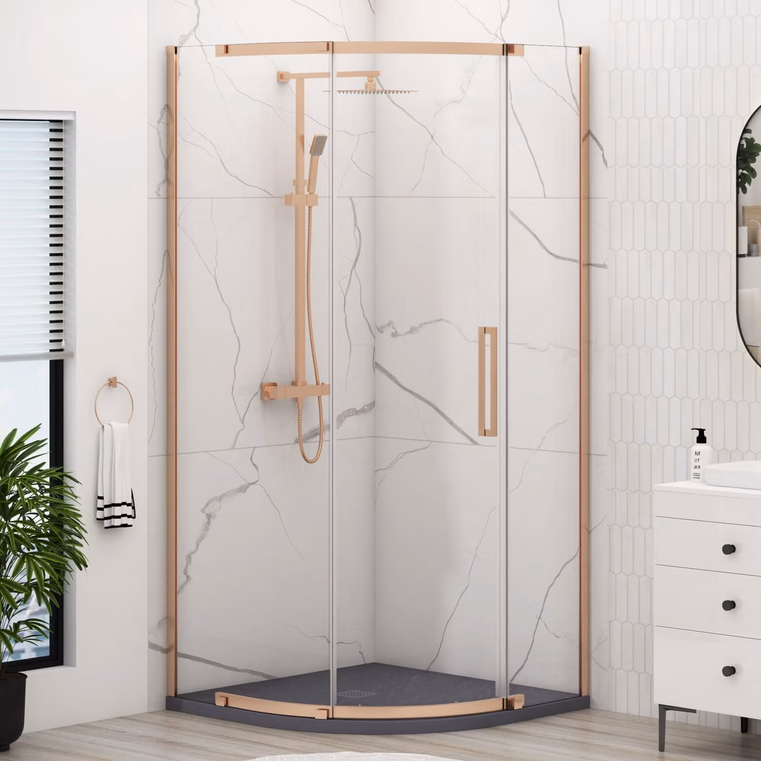 Royal Bathrooms Chelsea Single Door Quadrant Shower Enclosure with Grey Stone Tray and Brushed Bronze Finish, W: 90 cm, H: 195 cm