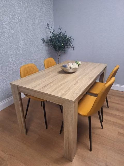 Kosy Koala Brown Oak Effect Dining Table Set with 4 Mustard Gem Pattern Chairs, W/D/H: 120 x 80 x 75 cm