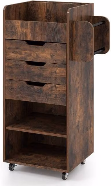 VOGREX Brown Rolling Storage Cart with 3 Drawers and 2 Dowel Rods