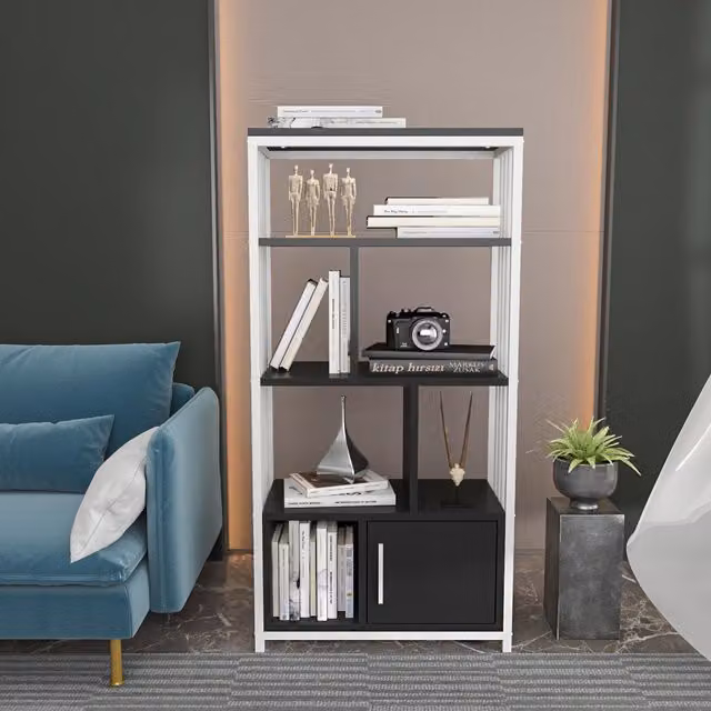 Decorotika Valero 4-Tier Metal Bookcase with Cabinet in Black and White