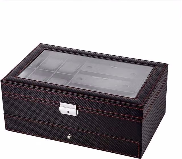 Black PU Leather 6-Slot Watch Box and Jewelry Case with Drawer