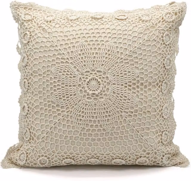 Ashley Mills Layla Beige Multicolour Filled Cushion with Crochet Lace, W/D/H: 45 x 45 x 45 cm