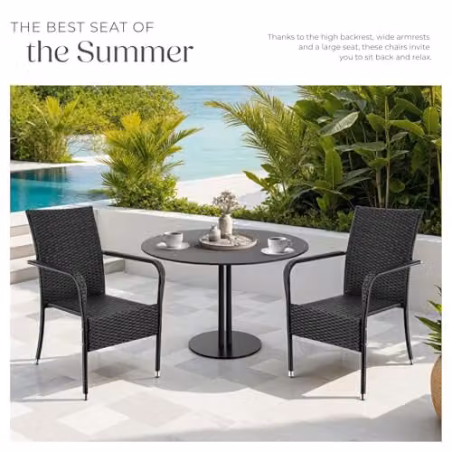 tectake Set of 2 Modern Rattan Garden Chairs in Black and Grey with Metal Frame – 5