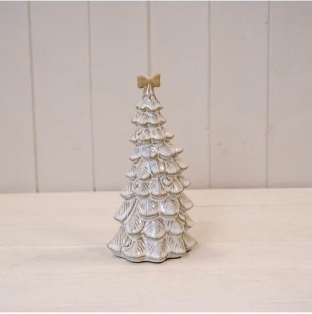 KDMD Medium Stone Glazed Ceramic Bendy Christmas Tree with Cream Bow in White and Beige