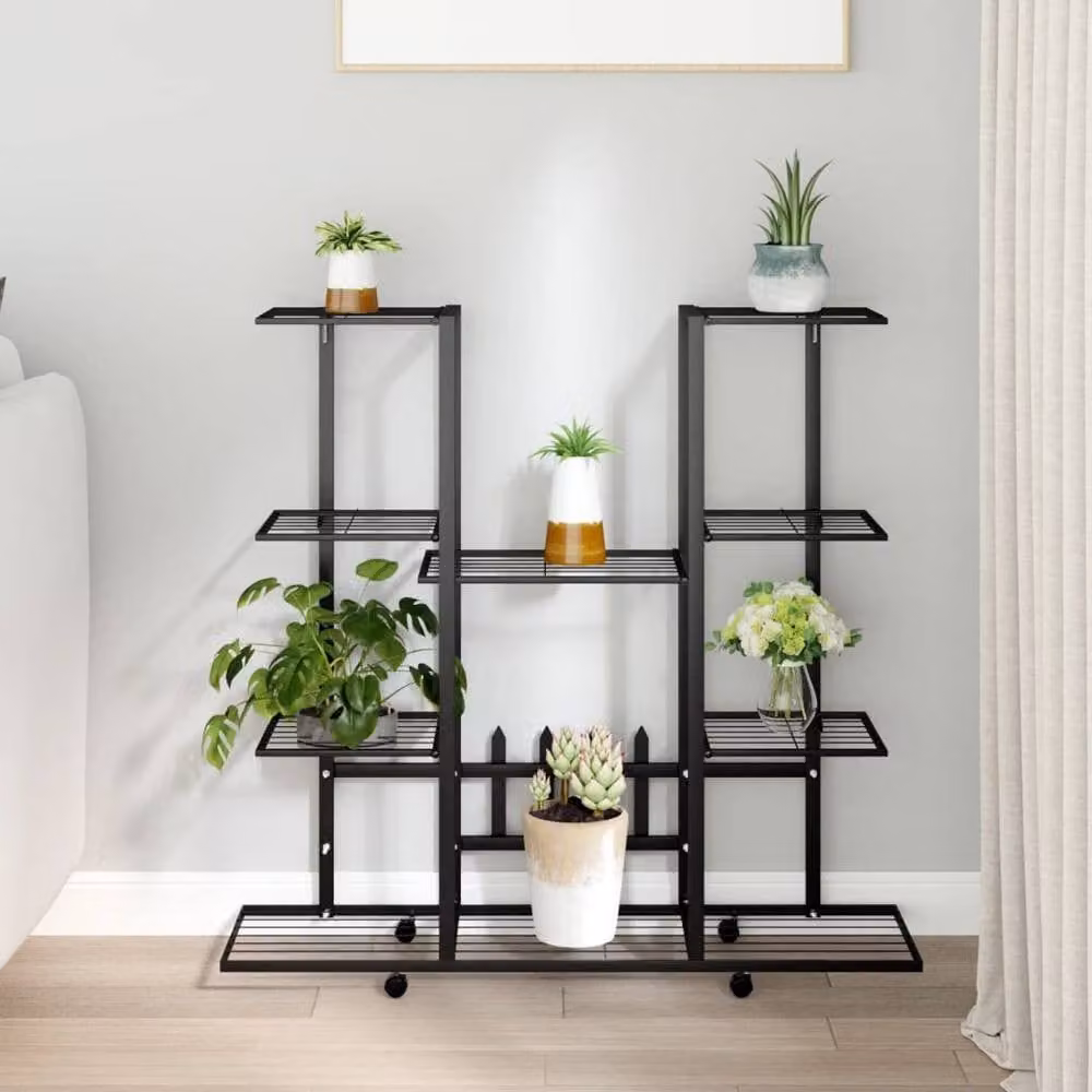 Berkfield Home Durable Metal Flower Stand with Wheels in Black, W/D/H: 94.5 x 24.5 x 91.5 cm – 2