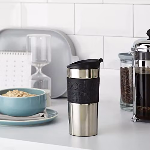 Bodum Vacuum Insulated Travel Mug with Lid, Stainless Steel and Silicone, Black, 350ml – 6