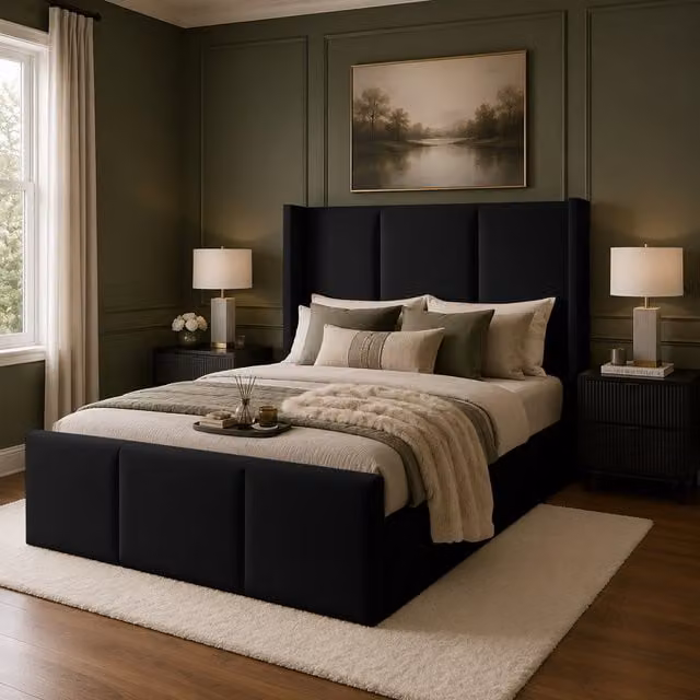 Desire Deco Grayson Luxury Upholstered Velvet Wingback Bed Frame, Black, W/D/H: 120 x 200 cm