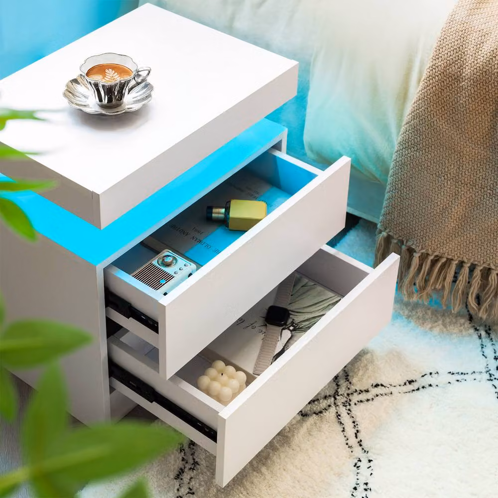 Direct Wicker Modern White Bedside Table with 2 Drawers and Integrated LED Lighting – 4