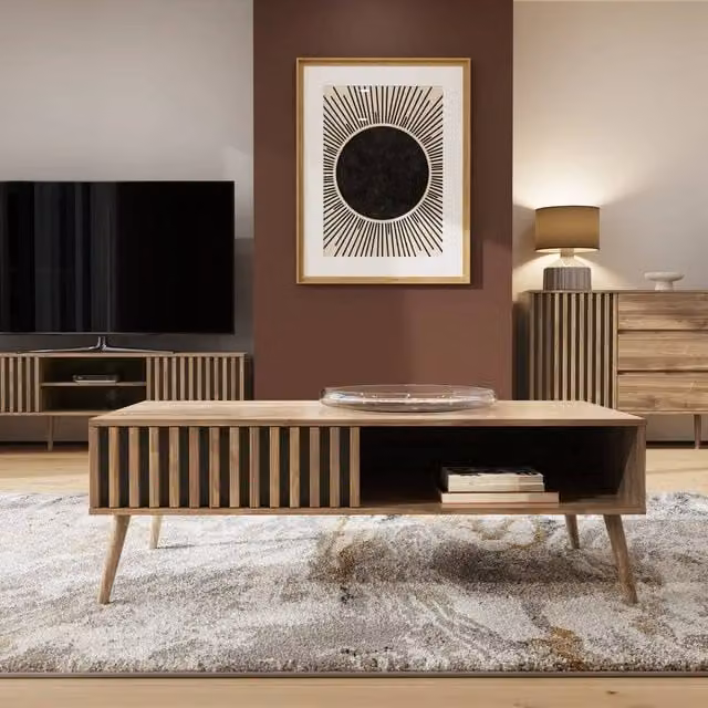 VOGREX Mid-Century Rectangular Wood Coffee Table with Storage Display Shelf in Brown and Grey – 1
