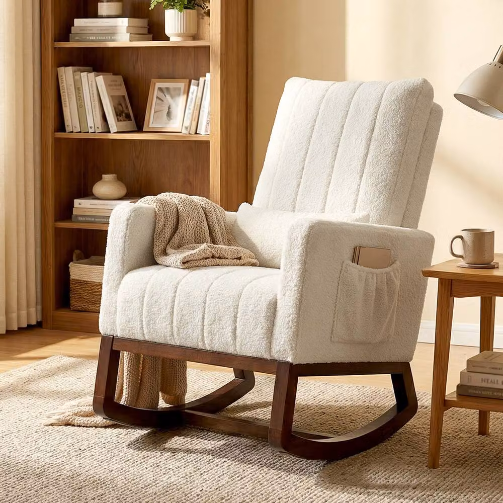 STILVORA Modern Bouclé Rocking Chair with Solid Wood Frame and Armrests in Beige – 3