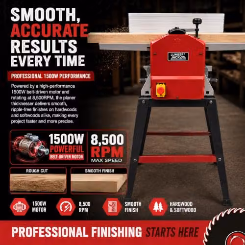 Lumberjack 254mm Professional Benchtop Planer Thicknesser with Leg Stand, 1500W, Red – 2