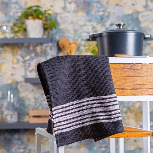 Nicola Spring Black Striped Cotton Tea Towel, Pack of 4