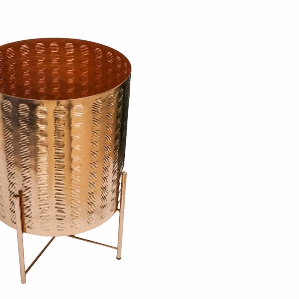 Lemon Pavilion Furniture and Decor Zendaya Embossed Metal Planter with Stand, Gold, W: 27 cm, D: 27 cm, H: 40 cm – 2