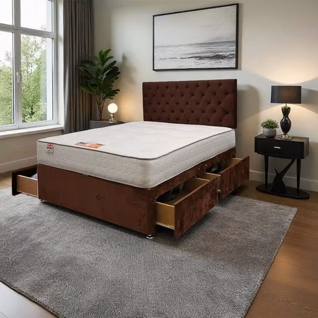 Knight Sleep Athens Plush Bed Set with Mattress and 24 inch Headboard in Brown, Superking, W/D/H: 200 x 220 cm