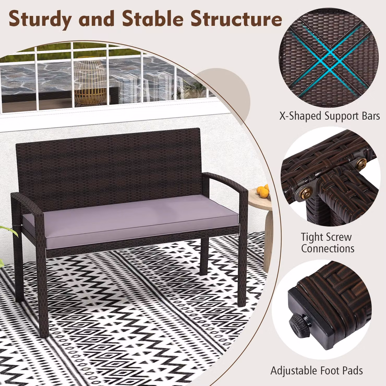 Costway Grey Rattan 2-Seat Patio Loveseat Wicker Bench with Soft Cushions – 4