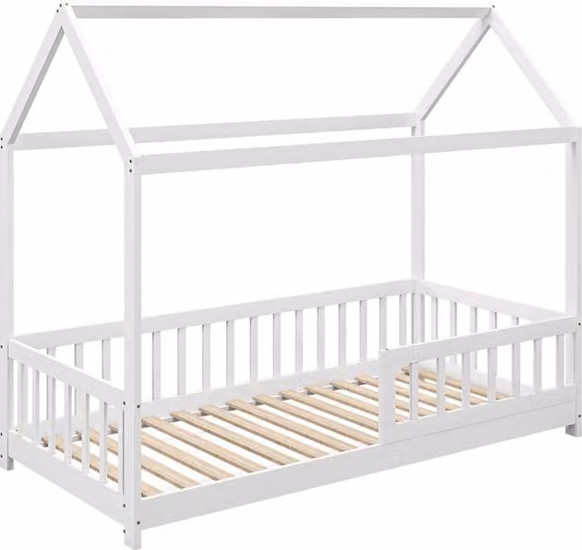 HOMCOM House-Shaped Kids Bed Frame with Safety Fence, White Lacquered Solid Pine Wood Single Bed, W/D/H: 90 x 200 x 165 cm