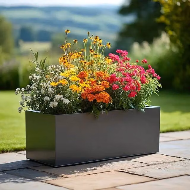 Tulipy Galvanised Steel Trough Planter, Matte Grey, L75cm x W32cm x H32cm