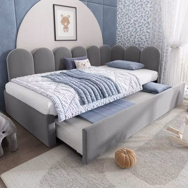 Rolipo Grey Velvet Upholstered Daybed with Trundle, W/D/H: 190 x 90 x 76 cm – 1