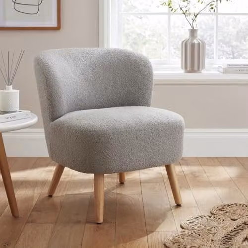 GFW Evie Grey Bouclé Fabric Accent Chair with Armrests and Wooden Legs – 1