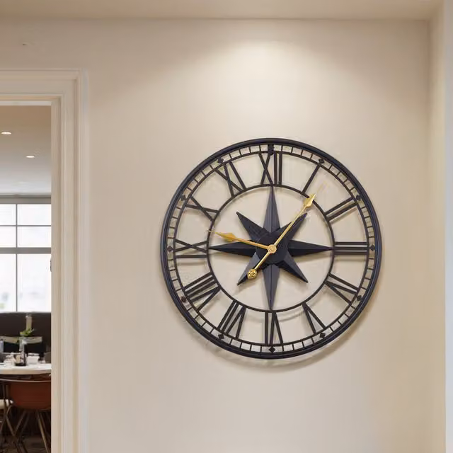 Livingandhome Minimalist Metal Round Roman Numerals Wall Clock in Black and Gold with Silent Quartz Movement